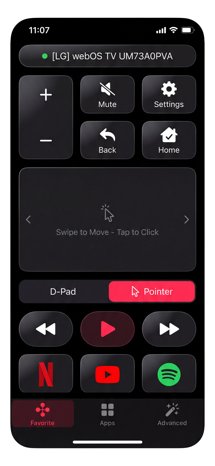 LG Remote interactive demo – advanced controls, touchpad pointer, and quick launch panel on iPhone